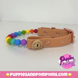 Handmade Rainbow Bead Dog Collar - 15mm Beads - Vegan Leather - Washable Biothane