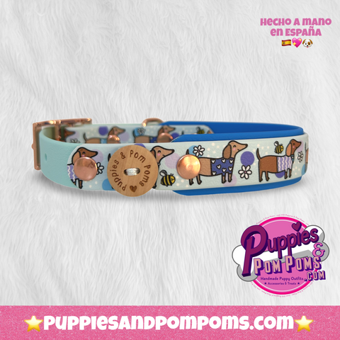 Bee Happy Dachshunds - Handmade Biothane Dog Collar - Blue 25mm