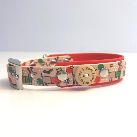 Christmas Dachshunds Handmade Dog Collar - Vegan / Waterproof Biothane - 2 Colour 25mm