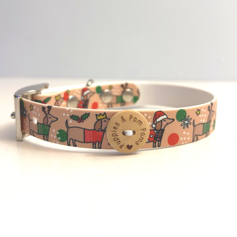 Christmas Dachshunds - Handmade Biothane Dog Collar - 1 Colour print 20mm