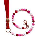 Handmade Valentine Beaded Hearts Dog Leash - Vegan Leather - Red